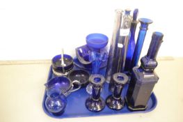Mixed Lot: Various blue glass wares to include vases, bowls, bottles etc
