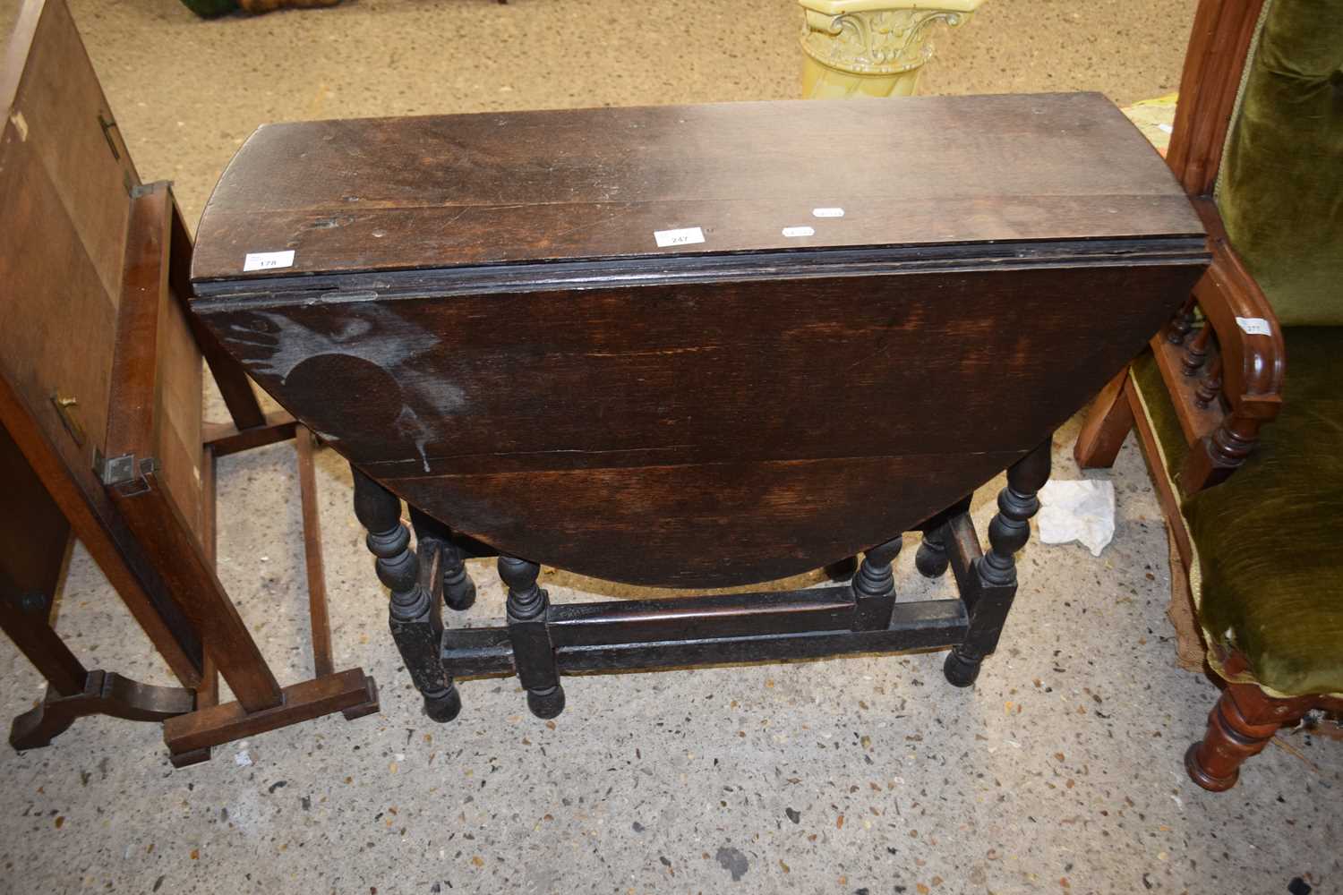Antique oak oval gate leg table with single drawer, 87cm wide