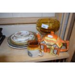 Cottage ware teapot together with an amber glass tazza on stand and other ceramics