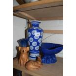 Mixed Lot: Blue floral decorated vase, shell dish, wooden animals etc