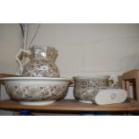 A Foley Potteries wash bowl and jug with soap dish and chamber pot