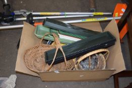 Box of various wicker baskets, plastic plant trays etc