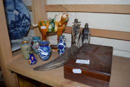 Mixed Lot: Wooden box, stone figures, Cloisonne style vases etc