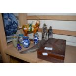 Mixed Lot: Wooden box, stone figures, Cloisonne style vases etc