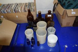 Mixed Lot: Various vintage glass bottles and stone ware jars to include Dundee Marmalade and others