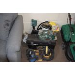 Mixed Lot: Garage clearance items to include a box of tools, wallpaper stripper, submersible pumps