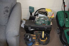 Mixed Lot: Garage clearance items to include a box of tools, wallpaper stripper, submersible pumps