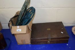 Box of various Meccano or similar construction parts together with a quantity of vintage film reels