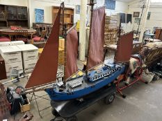 Large three mast model boat on a four wheel hand trailer, boat is approx 210cm long, appears to have