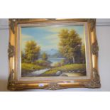 Lake and mountain scene, oil on canvas in modern gilt frame