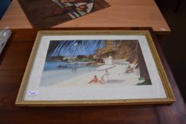 20th Century school study of a Caribbean beach scene, framed and glazed