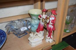 Mixed Lot: Pair of pottery figures, carved stone ware trinket box, glass vase etc