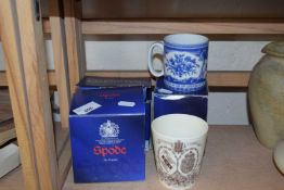Three Spode mugs and a Royal Doulton commemorative cup