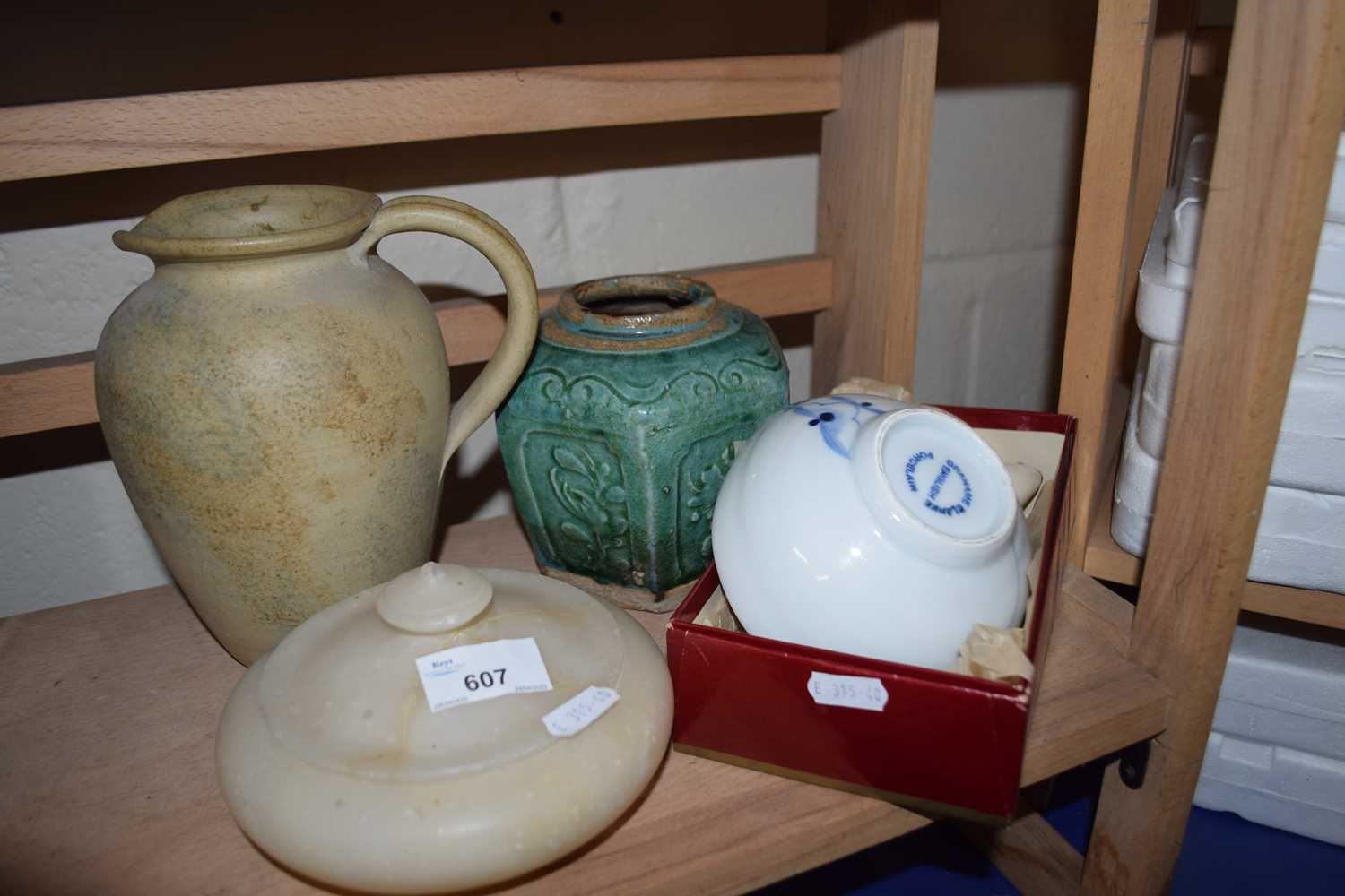 Mixed Lot: Blue and white bowl, alabaster pot, trinket pot and cover etc