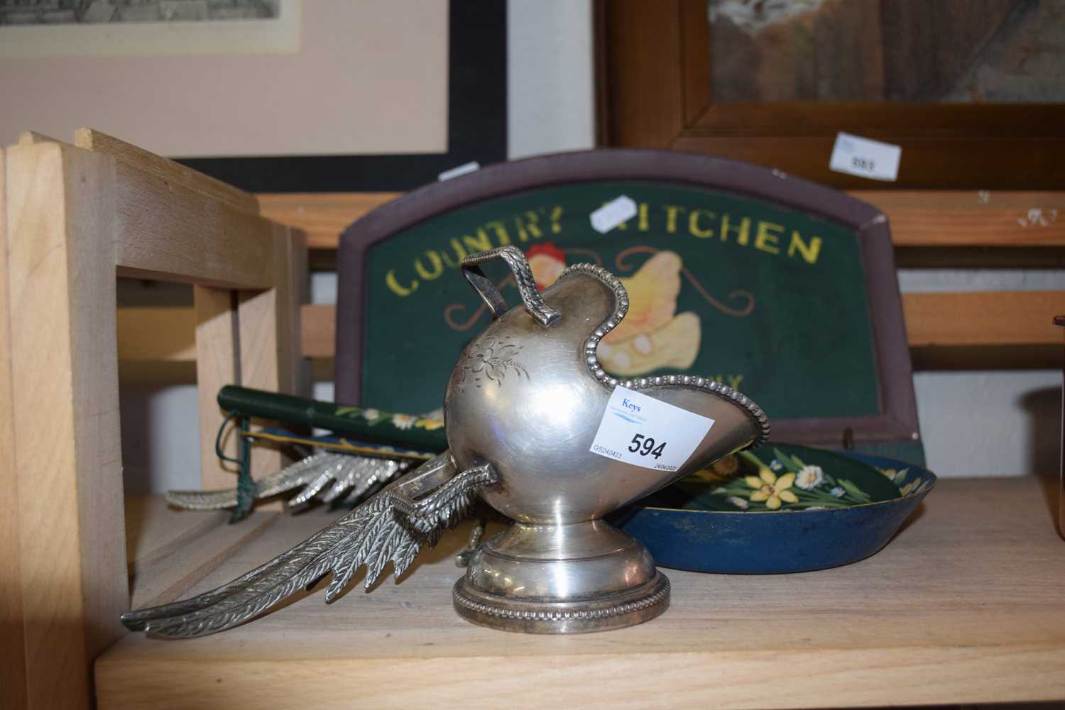 Pair of white metal table pheasants together with a country kitchen key rack etc