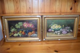 T Randall, pair of still life studies, flowers and fruit, oil on canvas, gilt framed