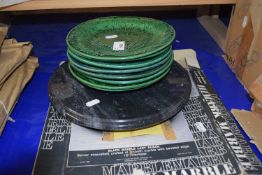 Quantity of mixed cabbage leaf style green glazed plates, and a marble lazy Susan