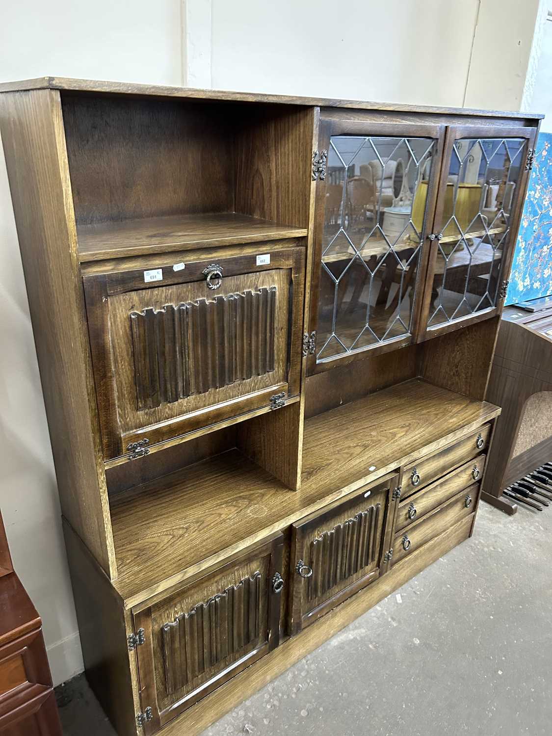 20th Century oak combination display and drinks cabinet with drawer and cupboard base in The Old