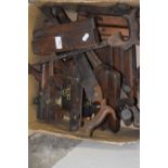 Box of various vintage wood working planes, saws etc