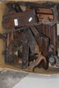 Box of various vintage wood working planes, saws etc