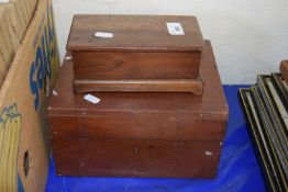 Wooden sewing box and contents together with a small wooden money box