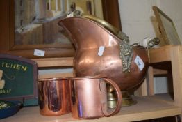 Copper coal scuttle and two mugs