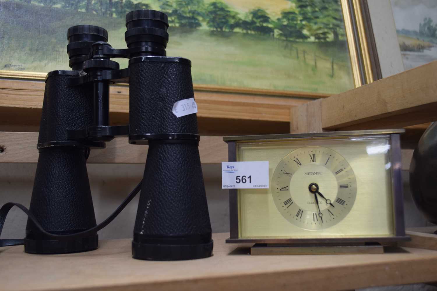 Pair of Mark Scheffel binoculars and a Metamec carriage clock