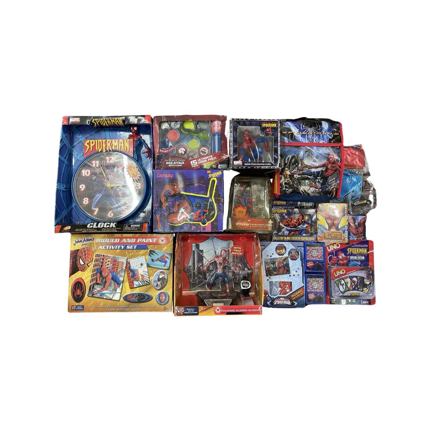 A large collection of Spider-Man memorabilia, to include: - Wall clock- Lunch bag- Talking alarm
