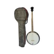 A Tonewood 5-string banjo with Remo Weatherking banjohead. With generic black softcase.