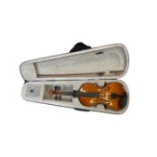 An unbranded full size beginner's violin and bow in fitted hardcase