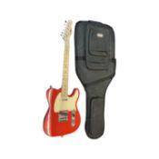 Johnny Brooke telecaster-style electric guitar in red, with Fender strap.