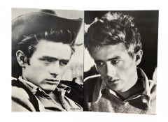 A pair of large wood mounted black and white prints of James Dean. Size approximately 98x68cm