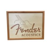 20th century Fender Acoustics advertising sign, in blonde lazer cut plywood laid over a backboard