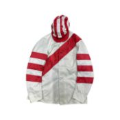 A set of Newmarket Brand jockey silks with matching cap, in cream and red striped detail. 100%