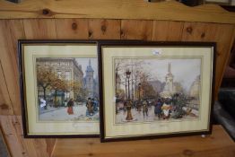 After Eugene G-Laloue, two coloured prints, French street scenes, framed and glazed