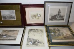 Mixed Lot: Various framed prints and engravings to include village cricket scene, Lancaster Castle