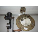 Mixed Lot: A small combination brass wall sconce and mirror together with a vintage mincer and sugar