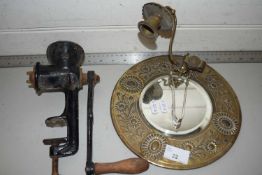 Mixed Lot: A small combination brass wall sconce and mirror together with a vintage mincer and sugar
