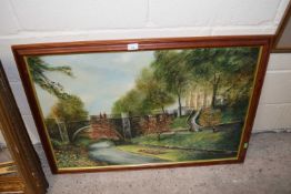 Leslie Daines, figures on a bridge, oil on canvas, framed