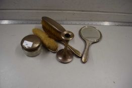 Mixed Lot: Three silver backed dressing table brushes, a silver backed mirror, silver top dressing
