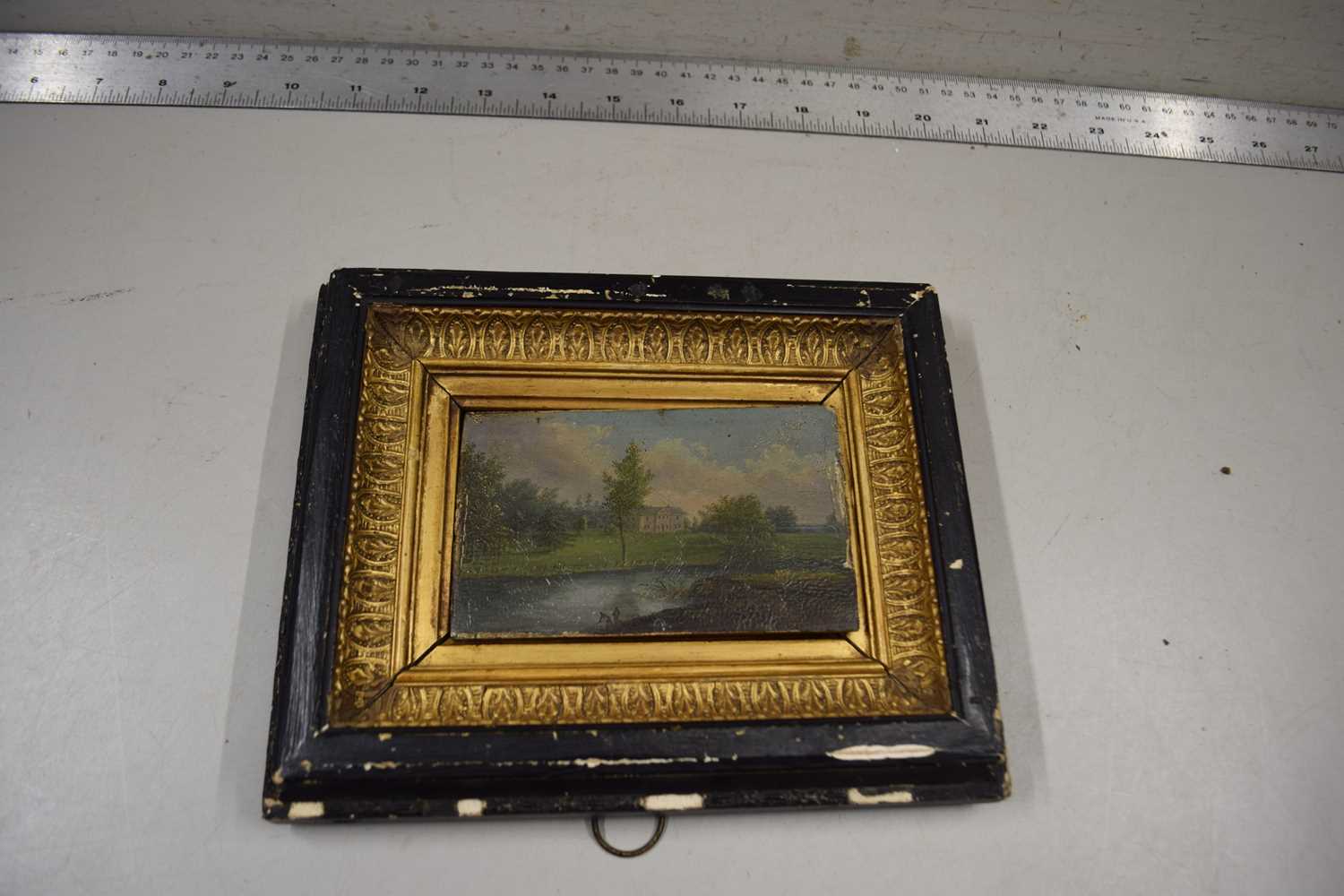 19th Century school study of a country house with lake in the foreground, oil on board, unsigned, - Image 2 of 2