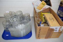 One tray and one box of assorted household glass wares, cheese board and Laguiole cheese knife