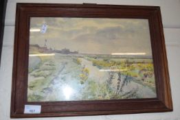 20th Century school study of a marshland scene with distant village, framed and glazed