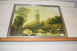 Coloured print after Van Liender, Dutch canal scene, framed and glazed