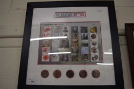 Framed montage picture The Great War 1914-1918 set with central panel of Royal Mail commemorative