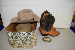A ladies American Stetson hat by Just Boots, Houston, Texas together with a pair of cowboy boots