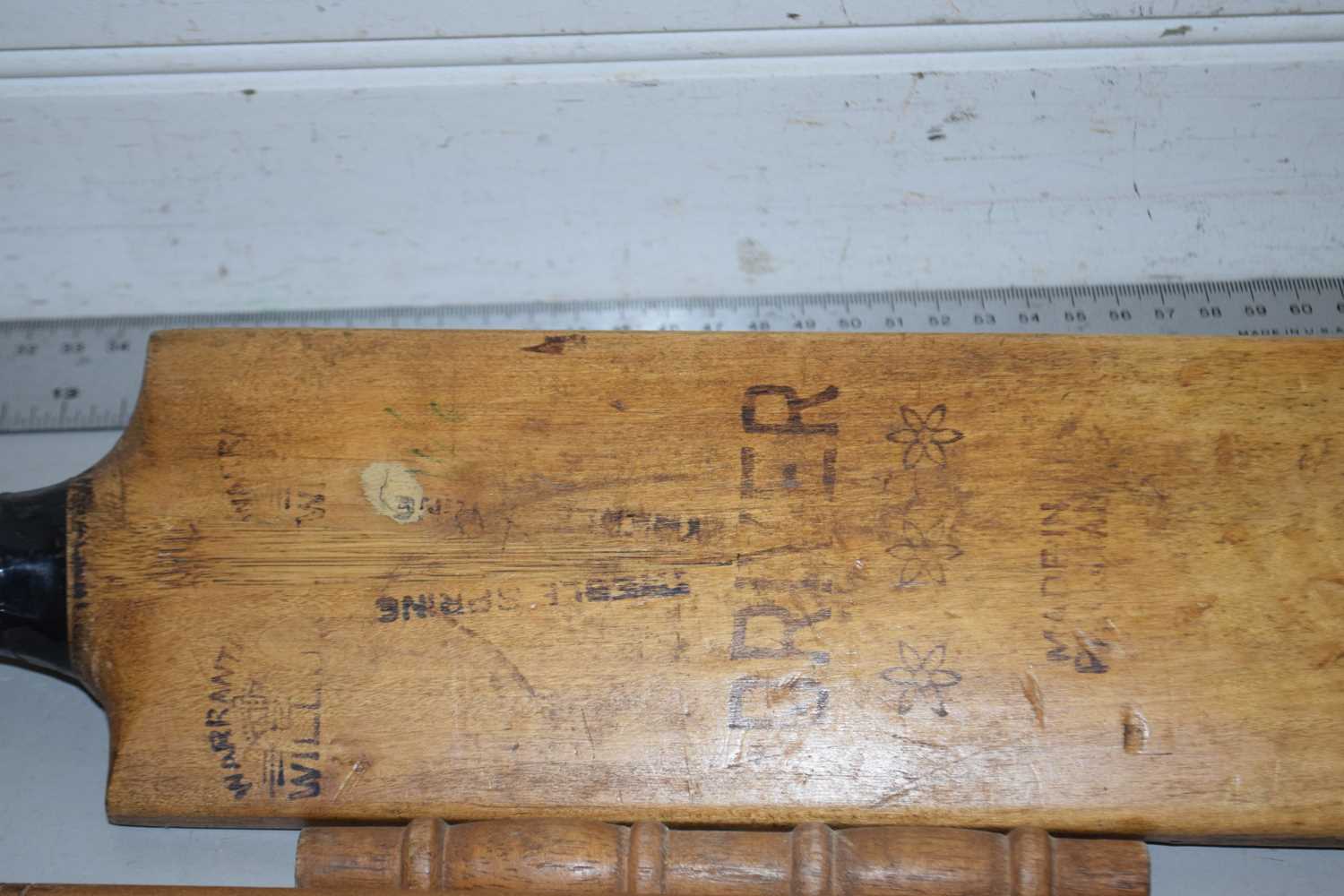 A vintage cricket bat marked Treble Spring Driver together with cricket stumps - Image 2 of 2