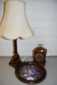 Mixed Lot: Small walnut cased mantel clock with later battery movement, table lamp and a small