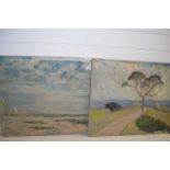 J A Crossley, study of a beach scene and a moorland scene, oil on canvas, unframed (2)