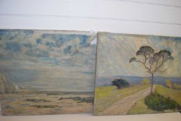 J A Crossley, study of a beach scene and a moorland scene, oil on canvas, unframed (2)